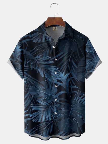 

Tropical Plants Chest Pocket Short Sleeve Hawaiian Shirt, Blue, Men Shirts