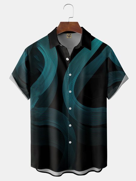 

3D Striped Chest Pocket Short Sleeve Casual Shirt, Black, Men Shirts