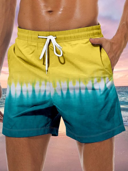 

Tie Dye Pattern Drawstring Beach Shorts, Yellow, Men's shorts