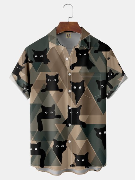 

Cat Chest Pocket Short Sleeve Casual Shirt, Purplish blue, Men Shirts