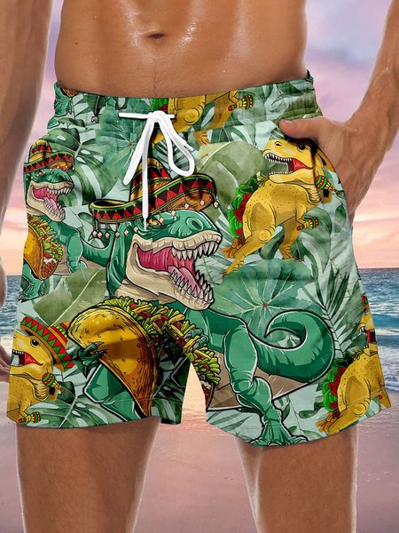 

Cinco De Mayo Dinosaur Drawstring Beach Shorts, Green, Men's shorts