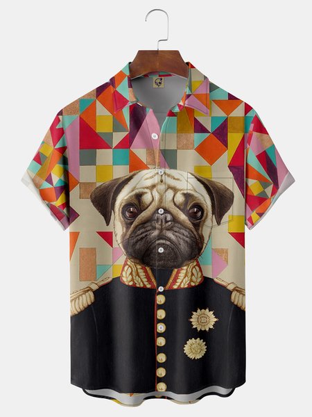 

Animals Chest Pockets Short Sleeve Shirts, Khaki, Men Shirts