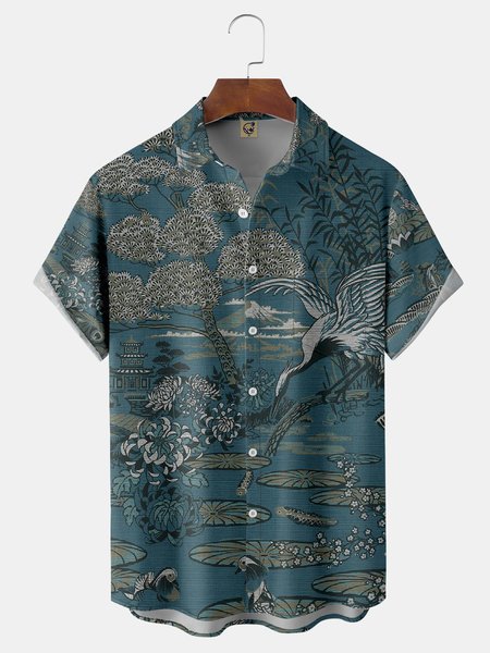 

Ukiyo-e Chest Pocket Short Sleeve Casual Shirt, Blue, Men Shirts