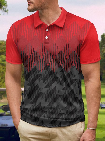 

Geometric Color Block Button Short Sleeve Golf PoLo, Red, Polo Shirts