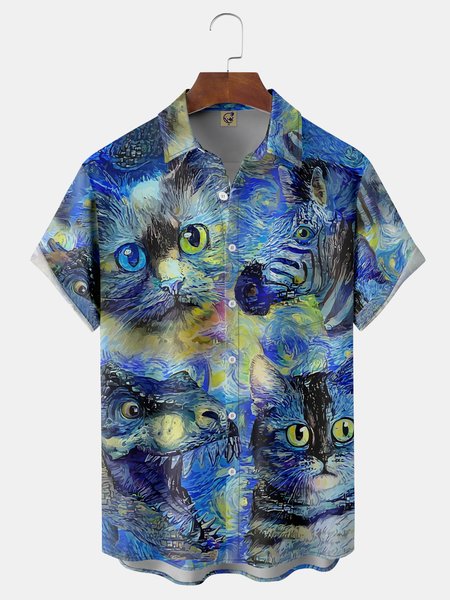 

Oil Painting Animals Chest Pocket Short Sleeve Shirt, Blue, Men Shirts