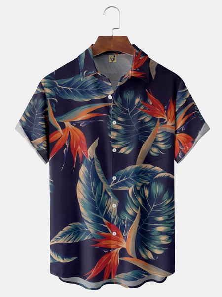 

Plant Chest Pocket Short Sleeve Hawaiian Shirt, Purplish blue, Men Shirts