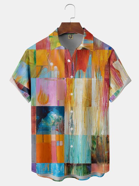 

Geometric Art Chest Pocket Short Sleeve Casual Shirt, Orange, Men Shirts