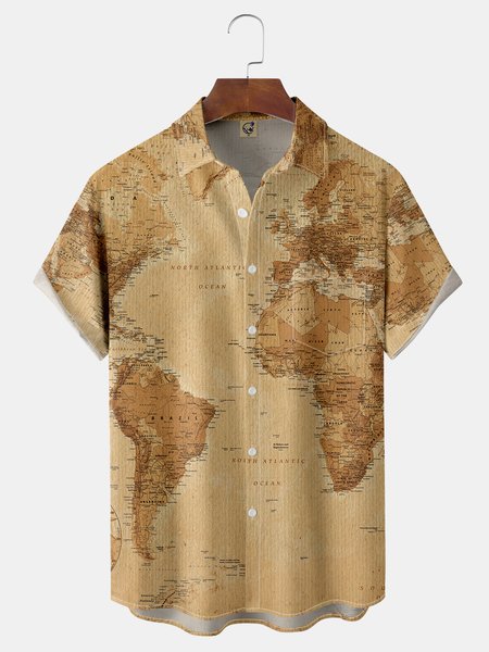 

Vintage Map Chest Pocket Short Sleeve Shirt, Khaki, Men Shirts