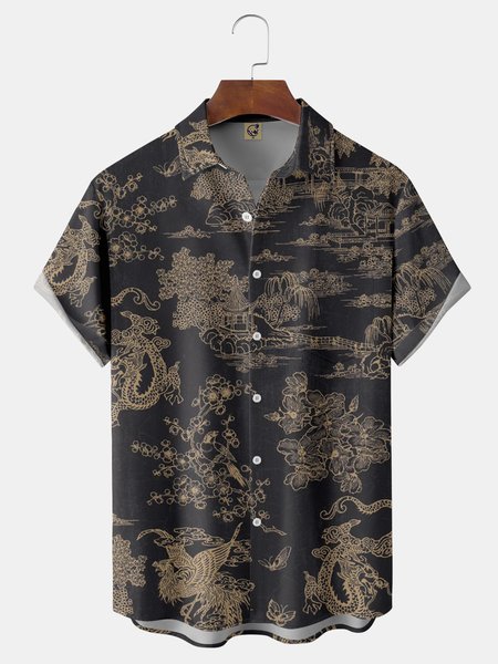 

Ukiyo-e Chest Pocket Short Sleeve Casual Shirt, Black, Men Shirts