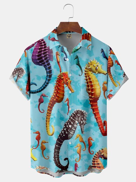 

Seahorse Chest Pocket Short Sleeve Shirt, Blue, Men Shirts