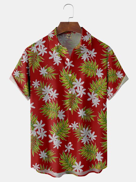 

Plants Chest Pocket Short Sleeve Hawaiian Shirt, Red, Men Shirts