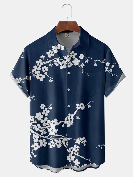 

Ukiyo-e Plum Chest Pocket Short Sleeve Shirt, Blue, Men Shirts
