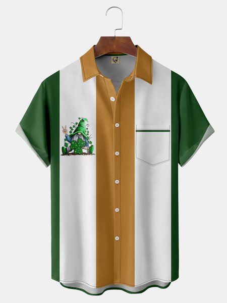 

St. Patrick's Day Gnomes Chest Pocket Short Sleeve Shirt, Green, Men Shirts