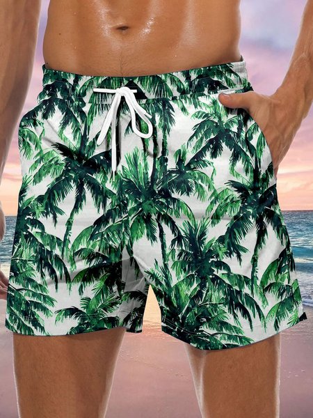 

Coconut Tree Drawstring Beach Shorts, Green, Men's shorts