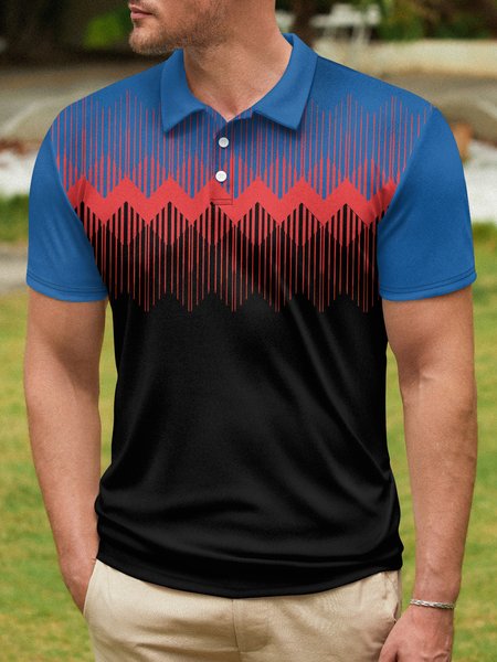 

Geometric Color Block Button Short Sleeve Golf PoLo, Sky blue, Polo Shirts