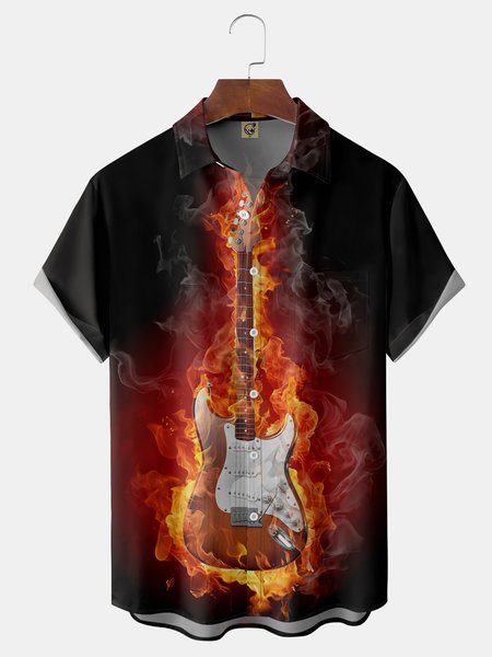 

Music Guitar Chest Pocket Short Sleeve Shirt, Black, Men Shirts
