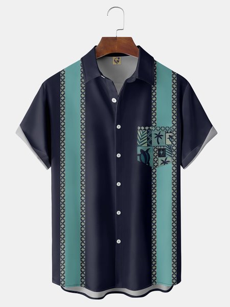

coconut tree Chest Pocket Short Sleeve Western Shirt, Purplish blue, Men Shirts