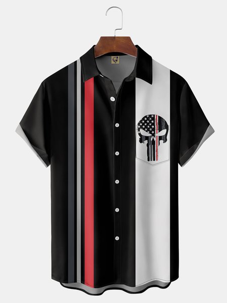 

Flag Skull Chest Pocket Short Sleeve Shirt, Black, Men Shirts