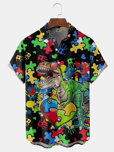 

Animal Dinosaur Chest Pocket Short Sleeve Shirt, Black, Men Shirts