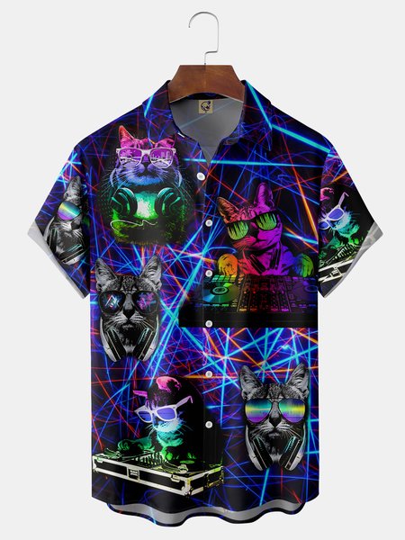

Music Cat Chest Pocket Short Sleeve Shirt, Blue, Men Shirts