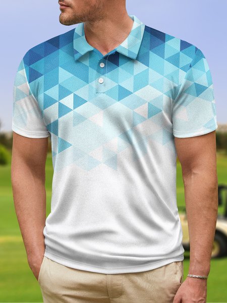 

Gradient Geometric Color Block Button Short Sleeve Golf PoLo, Light blue, Polo Shirts