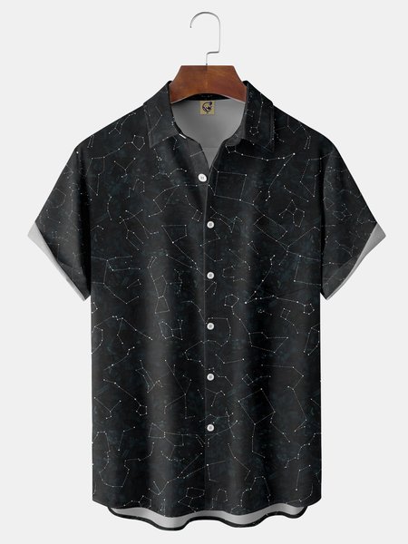 

Geometric Constellation Chest Pocket Short Sleeve Casual Shirt, Black, Men Shirts
