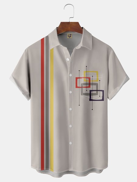 

Geometric Pattern Chest Pocket Short Sleeve Shirt, Light khaki, Men Shirts