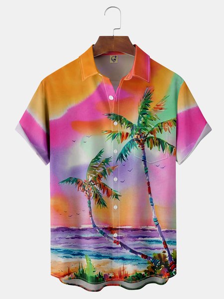 

Coconut Tree Chest Pocket Short Sleeve Hawaiian Shirt, Yellow, Men Shirts