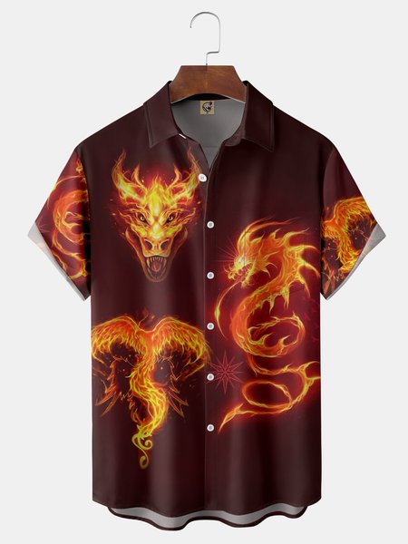 

Dragon Chest Pocket Short Sleeve Casual Shirt, Yellow, Men Shirts