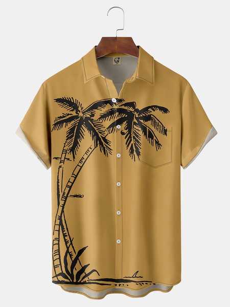 

Coconut Tree Chest Pocket Short Sleeve Shirt, Yellow, Men Shirts