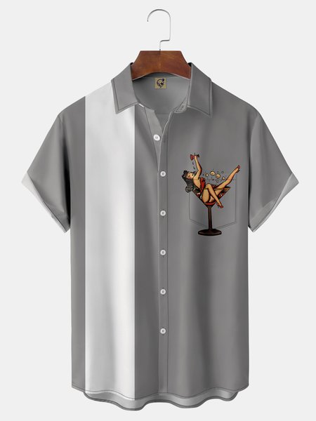 

Wineglass Belle Chest Pocket Short Sleeve Shirt, Gray, Men Shirts