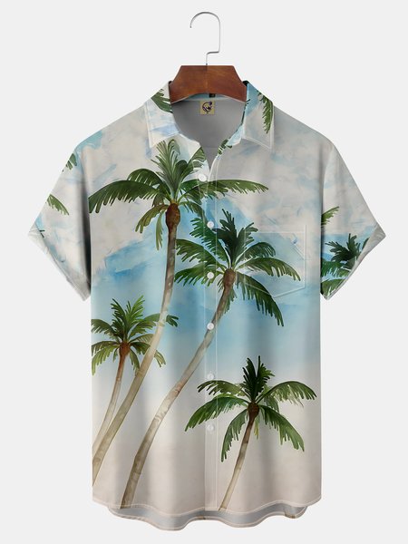 

Coconut Tree Chest Pocket Short Sleeve Shirt, Green, Men Shirts