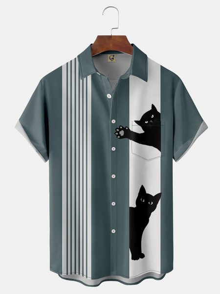 

Cat Chest Pocket Short Sleeve Bowling Shirt, Blue, Men Shirts
