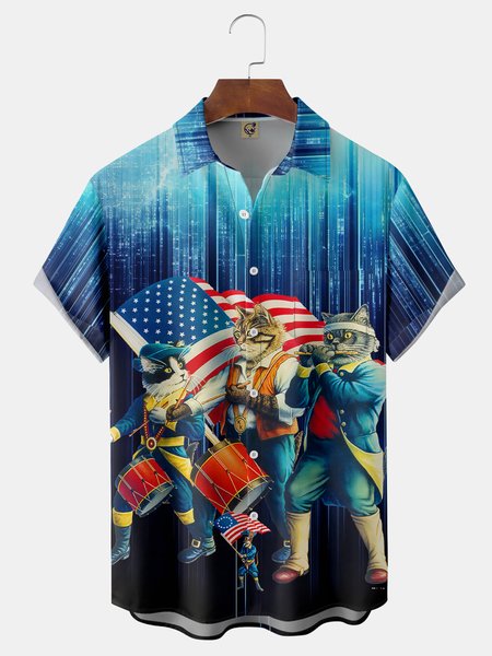 

Cat Chest Pocket Short Sleeve Casual Shirt, Blue, Men Shirts