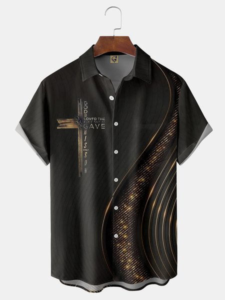 

Thanksgiving Cross Chest Pocket Short Sleeve Casual Shirt, Black, Men Shirts