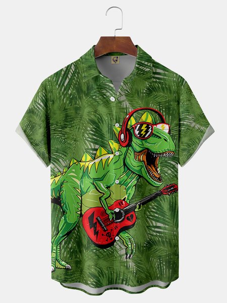 

Dinosaur Music Chest Pocket Short Sleeve Hawaiian Shirt, Blue, Men Shirts