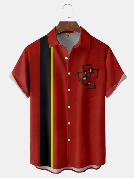 

Geometric patterns Chest Pocket Short Sleeve Western Shirt, Red, Men Shirts