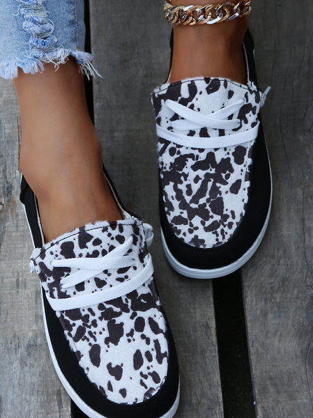 

Cow Pattern, Denim Lace-Up Canvas Flats, Black, Sneakers