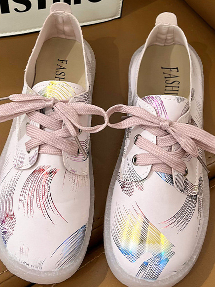 

Feather Pattern PU Lace-Up Canvas Flats, Pink, Sneakers