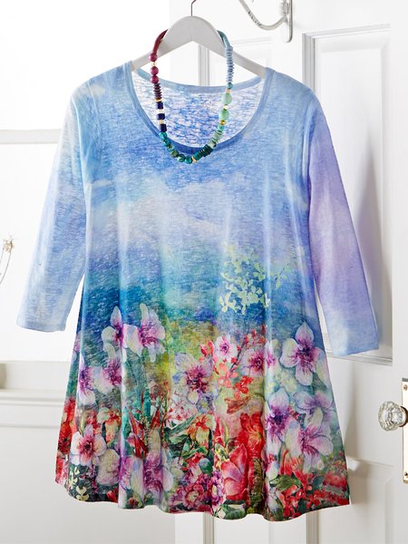

Crew Neck Floral Loose Casual Tunic, Multicolor, T-Shirts