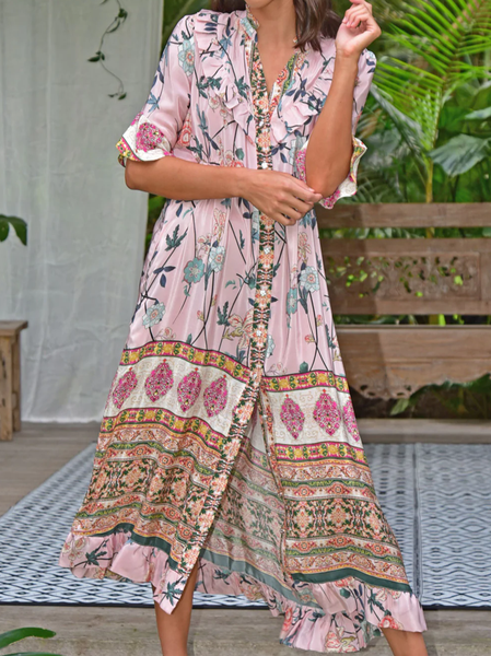 

V Neck Vacation Ethnic Loose Dress, Pink, Dresses