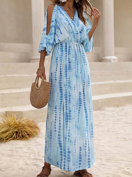 

Vacation Tie-Dye Pattern Dress, Blue, Maxi Dresses