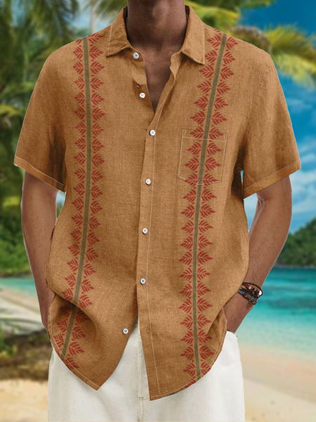 

Leaf Stripe Print Chest Pocket Short Sleeve Casual Shirt, Khaki, Men Shirts