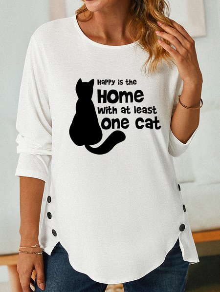 Lilicloth X Y Happy Is The Home With At Least One Cat Women's Long Sleeve T-Shirt, White, Long sleeves