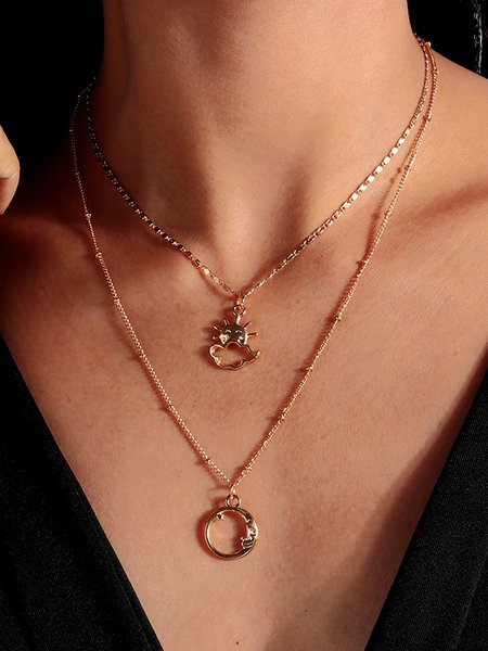 

Boho Resort Moon Motif Layered Necklace Ethnic Vintage Beach Jewelry, Golden, Necklaces