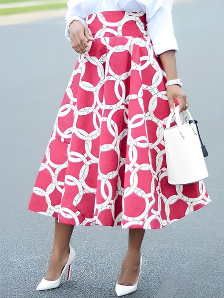 

Geometric Elegant Regular Fit A-Line Skirt, Red, Skirts