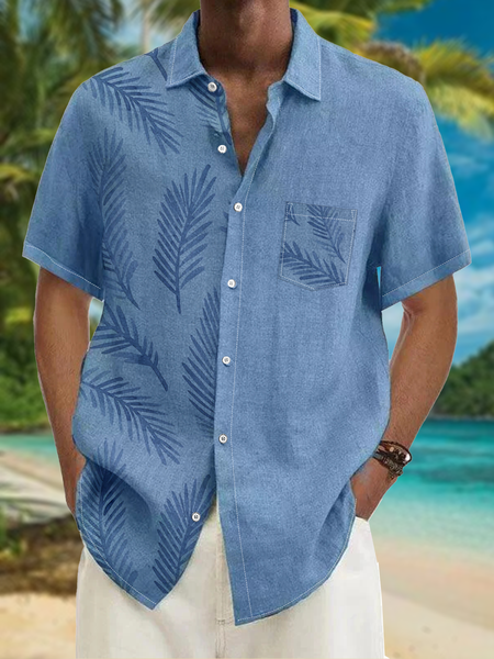 

Hawaiian Botanical Print Chest Pocket Short-Sleeve Casual Shirt, Blue, Men Shirts