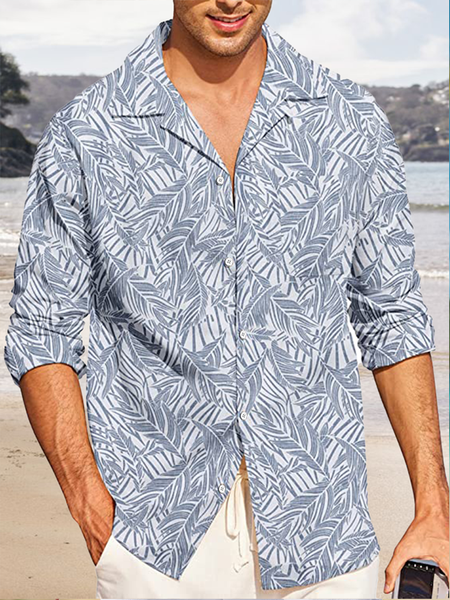 

Tropical Plant Print Long Sleeve Casual Resort Shirt, As picture, Men Shirts