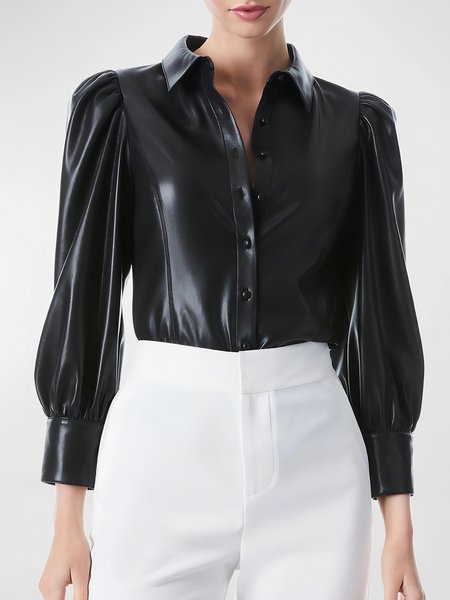 

Shirt Collar Long sleeve No Elasticity Simple Blouse, Black, Blouses and Shirts