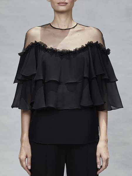 

Three Quarter Crew Neck Elegant Plain Top, Black, Linen Tops